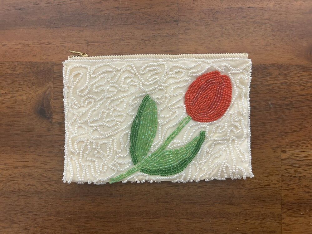 VTG late 40-50's Rosenfeld Beaded Tulip Satin Lined Make Up Bag Made Japan EUC